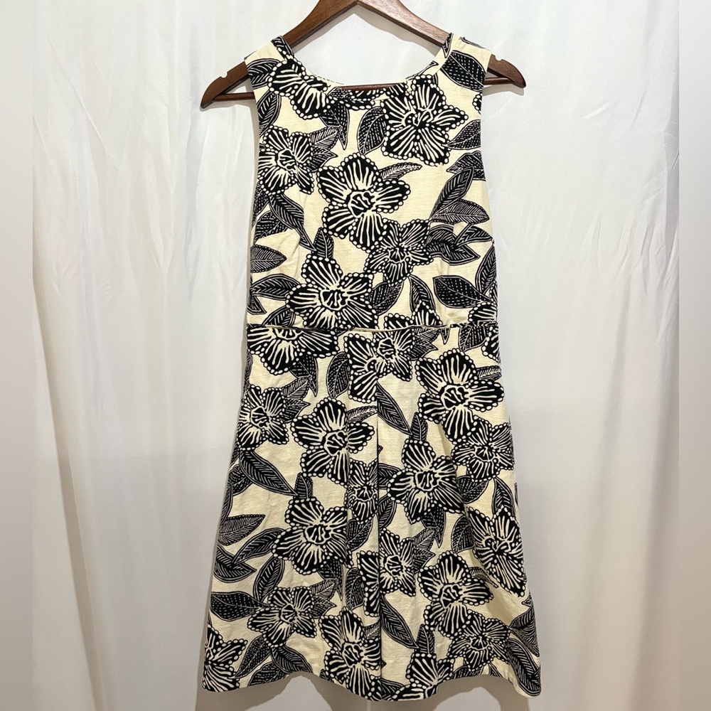 J Crew Floral Fit & Flare Dress Black Beige Sleeveless Size 6